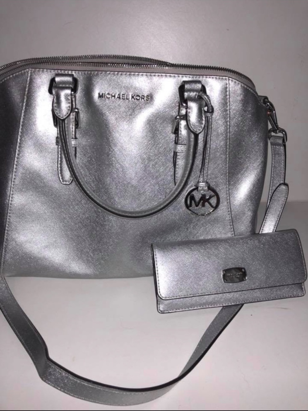 Michael Kors Metallic Silver Saffiano Leather Satchel with Matching Wallet